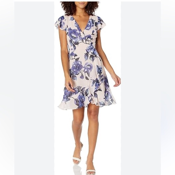 Adrianna Papell Geranium Floral Faux Wrap Mini Dress - Picture 3 of 15
